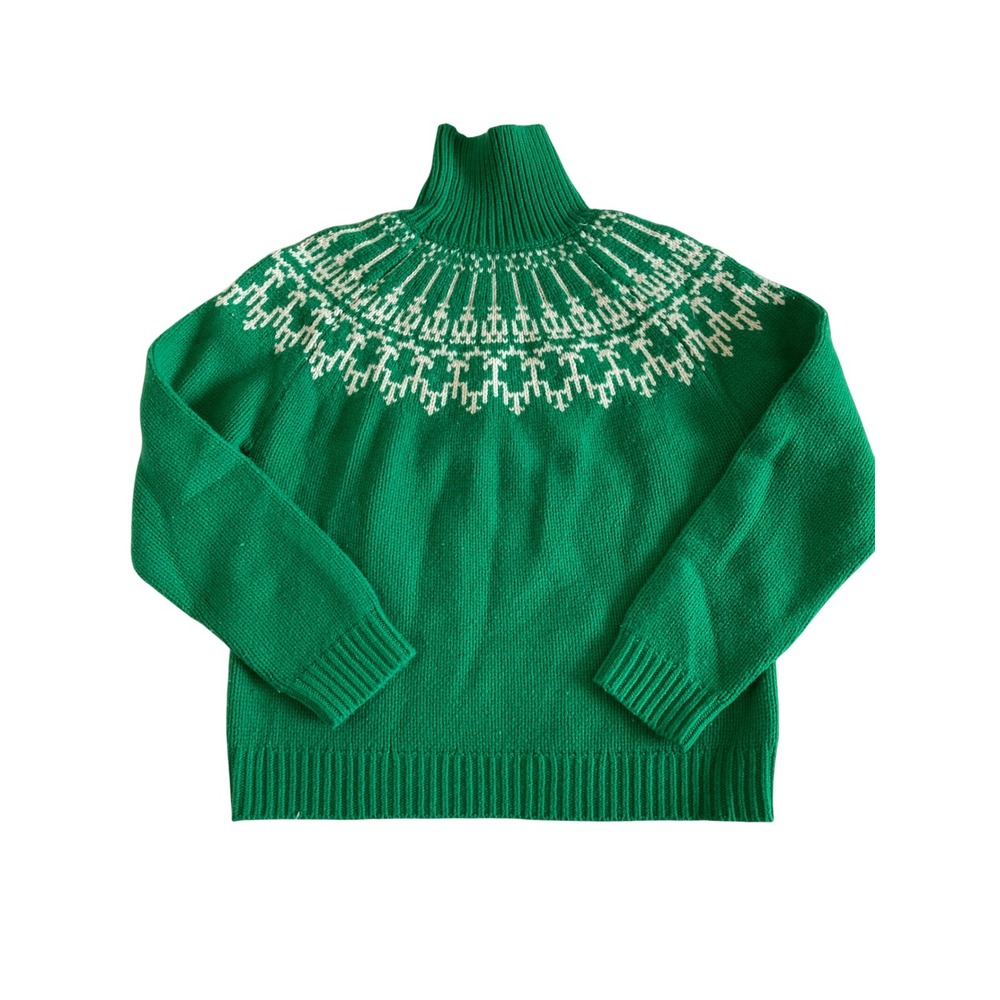 Tory Sport Green White Merino Wool Fair Isle Turtleneck Sweater L 48039